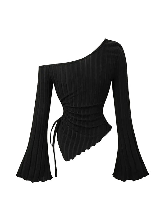 women's New off shoulder cross long sleeved slim fit casual street style asymmetrical elegant T-shirt trumpet sleeve top