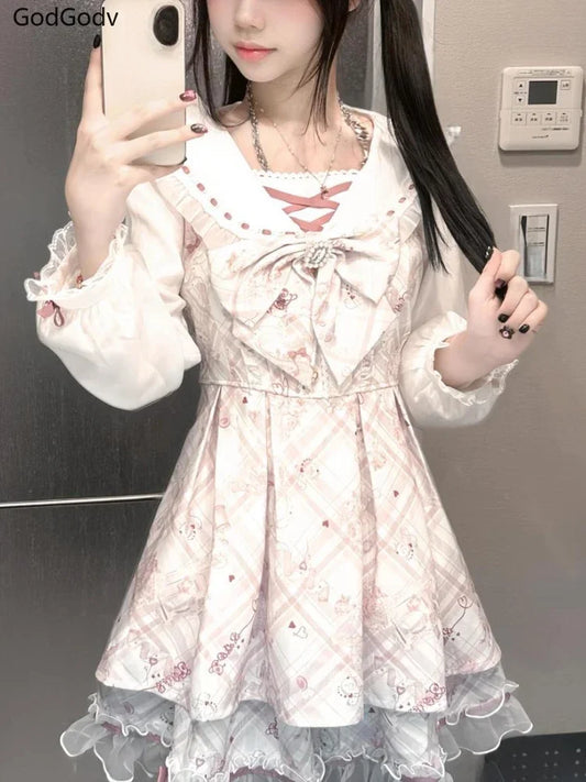 Sukienka Kawaii Lolita z Kokardą i Nadrukiem – Japoński Styl Fake Two Piece