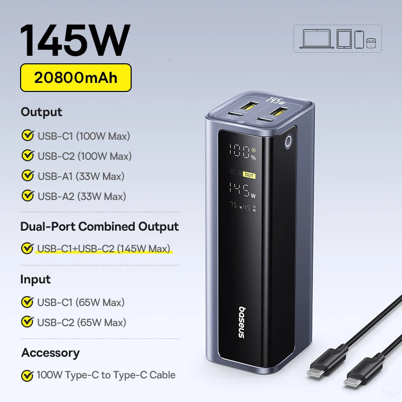 Baseus 145W Power Bank 20800mAh USB-C Szybkie Ładowanie