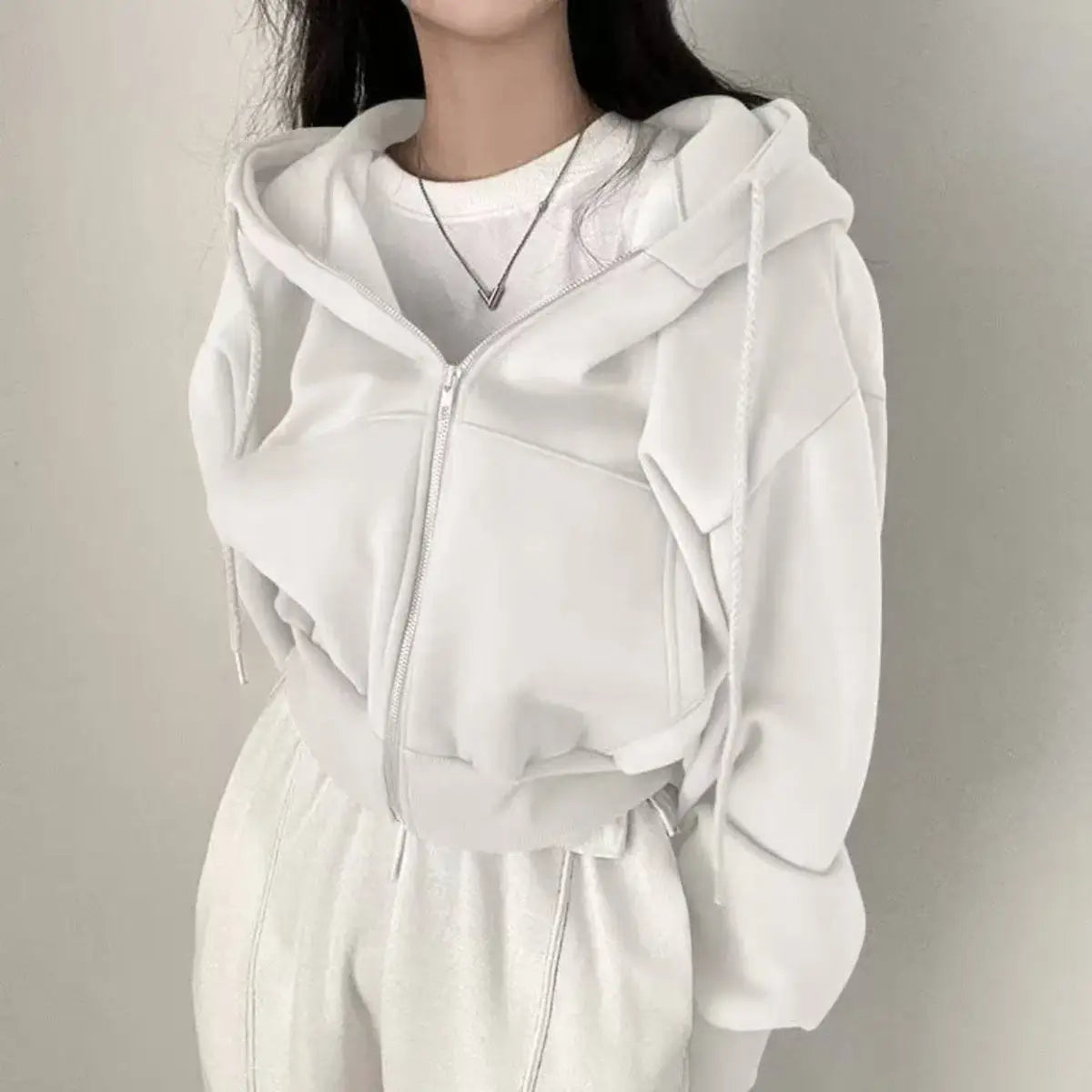 Bluza Damska Crop Top z Kapturem i Zamkiem Y2K – Streetwear Harajuku