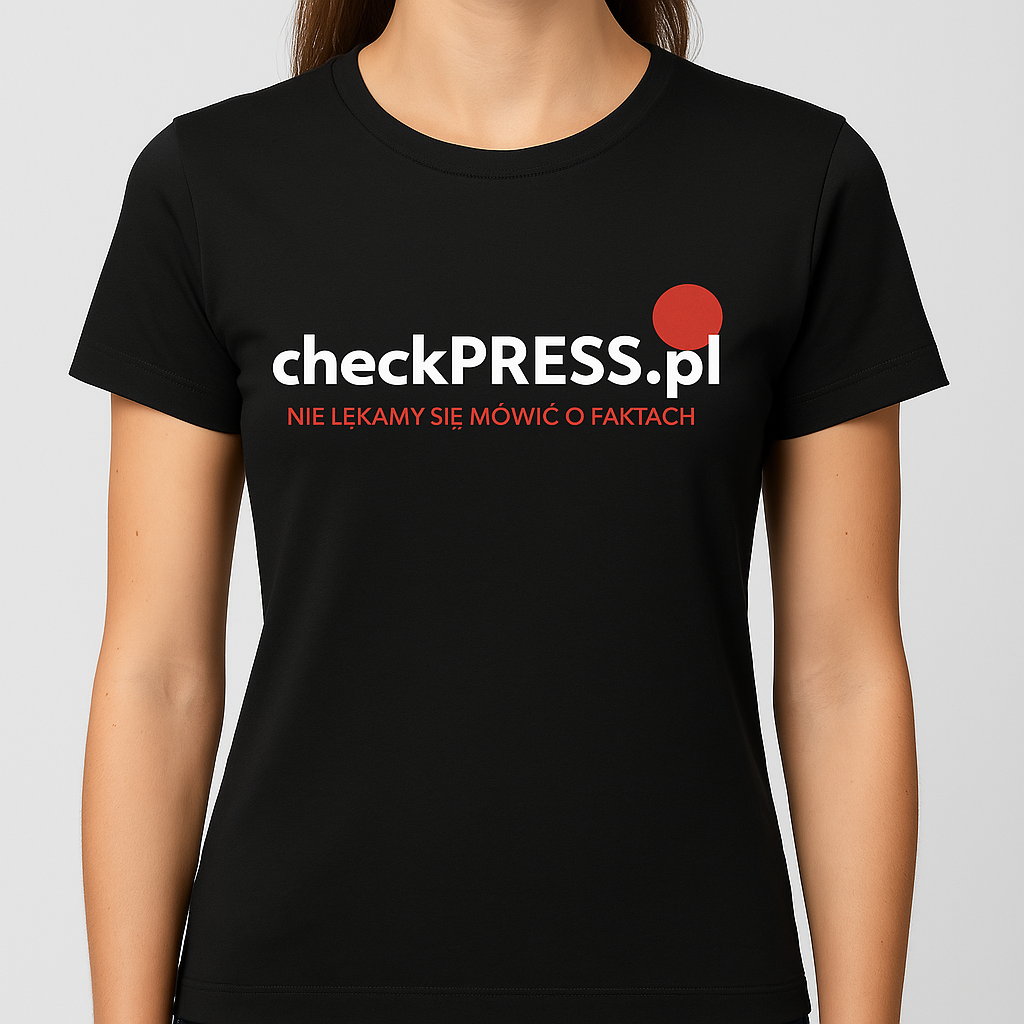 Damski czarny t-shirt z logo kanału checkpress.pl w
