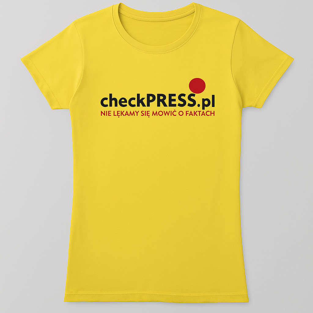 Żółty damski t-shirt z napisem z logo checkpress.pl