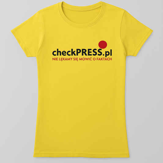 Żółty damski t-shirt z napisem z logo checkpress.pl