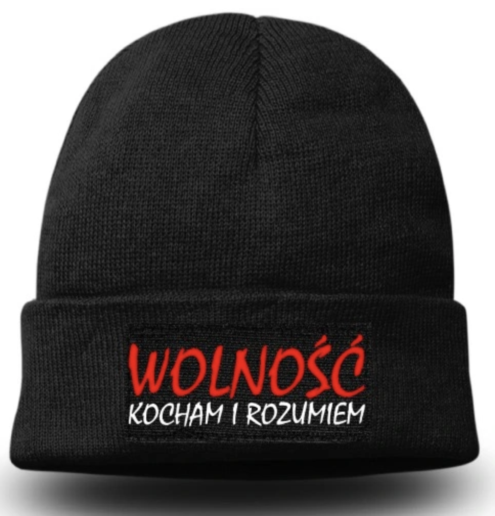 CZAPKA CZARNA ANTY PIS Z WYSZYTYM HASŁEM "WOLNOŚĆ KOCHAM I ROZUMIEM" MARSZ WYBORY