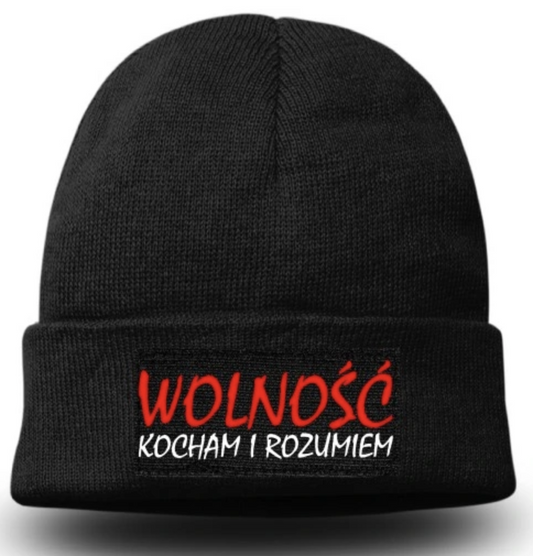 CZAPKA CZARNA ANTY PIS Z WYSZYTYM HASŁEM "WOLNOŚĆ KOCHAM I ROZUMIEM" MARSZ WYBORY