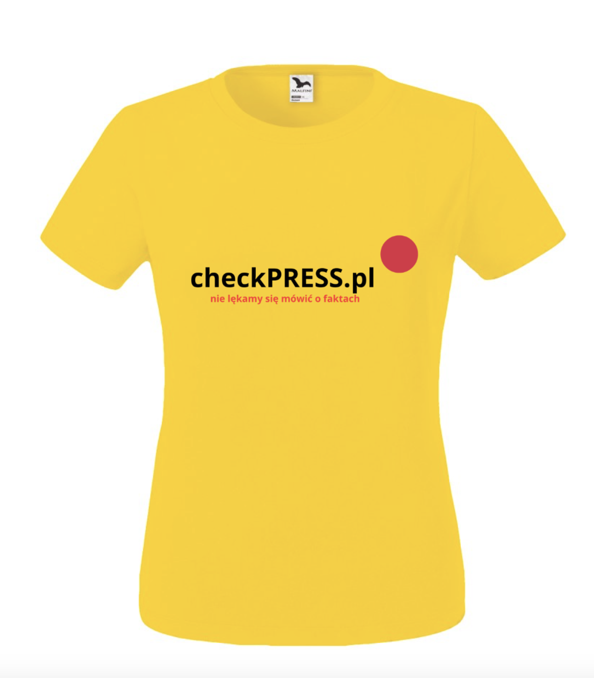 Żółty damski t-shirt z napisem z logo checkpress.pl