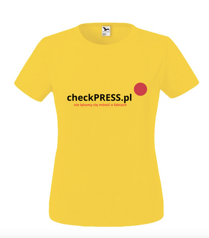Żółty damski t-shirt z napisem z logo checkpress.pl