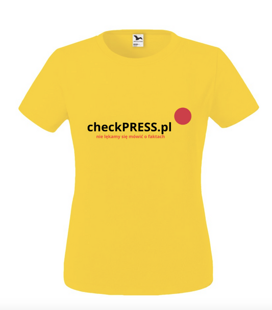 Żółty damski t-shirt z napisem z logo checkpress.pl