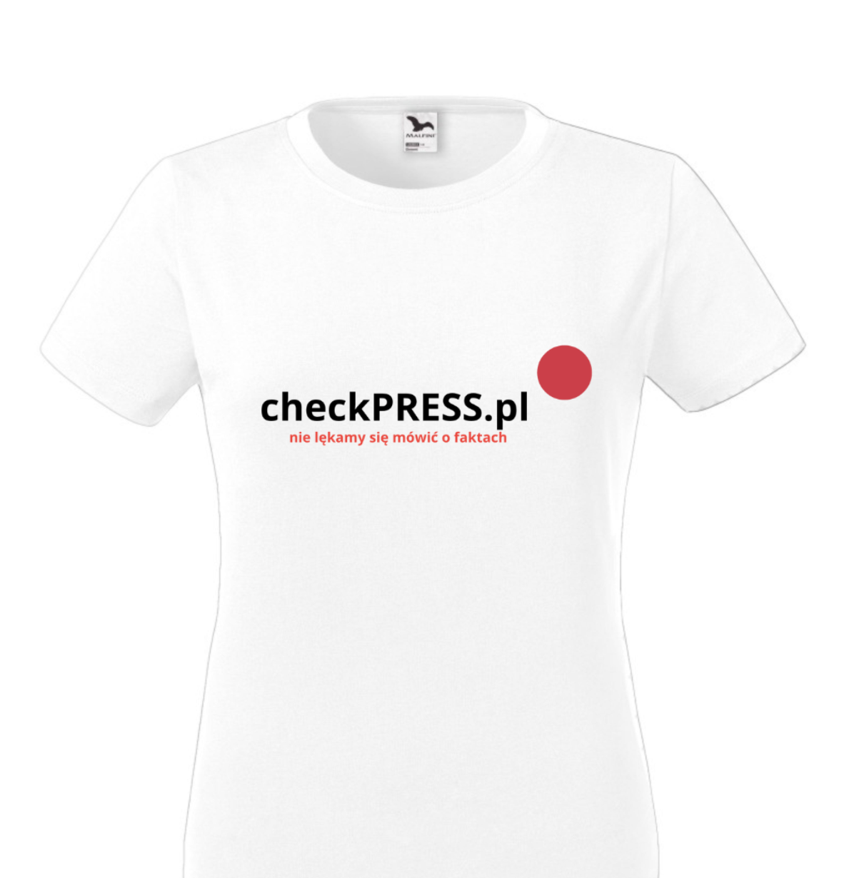 Biały damski t-shirt z napisem z logo checkpress.pl