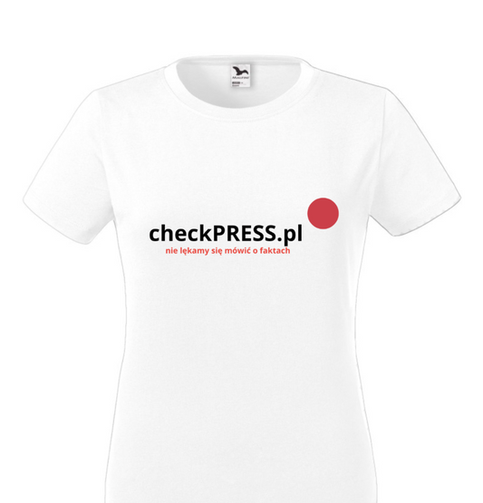 Biały damski t-shirt z napisem z logo checkpress.pl