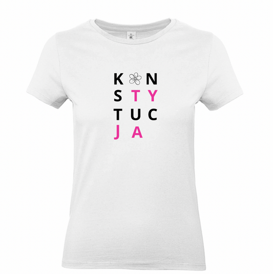 Koszulka KONSTYTUCJA damska – biały T-shirt różowy napis