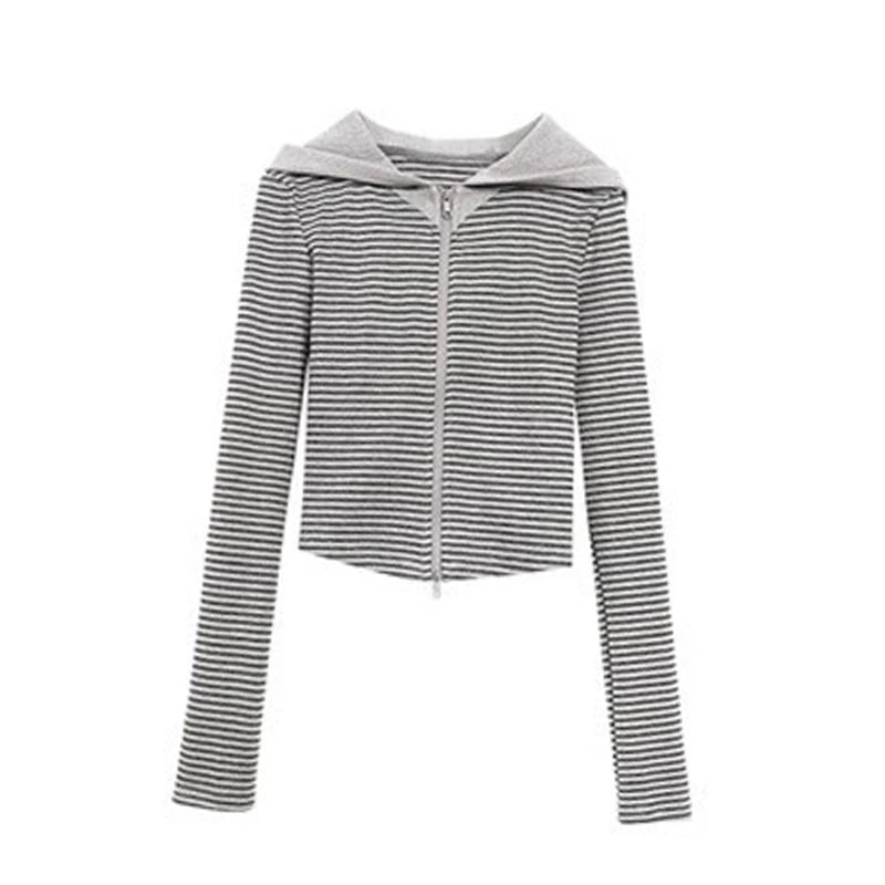 Bluza Damska w Paski z Kapturem Y2K E-girl – Japoński Streetwear z Zamkiem