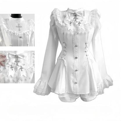 Sukienka Kawaii Lolita z Kokardą i Nadrukiem – Japoński Styl Fake Two Piece