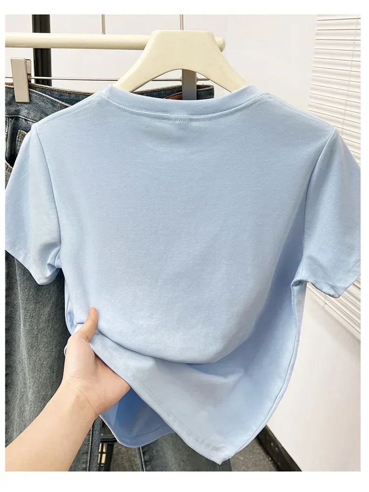 2026 Summer New High Quality Casual T Shirt Sexy Short Sleeved Sleeves Fashion Trend Solid Women Clothing Y2k Tops