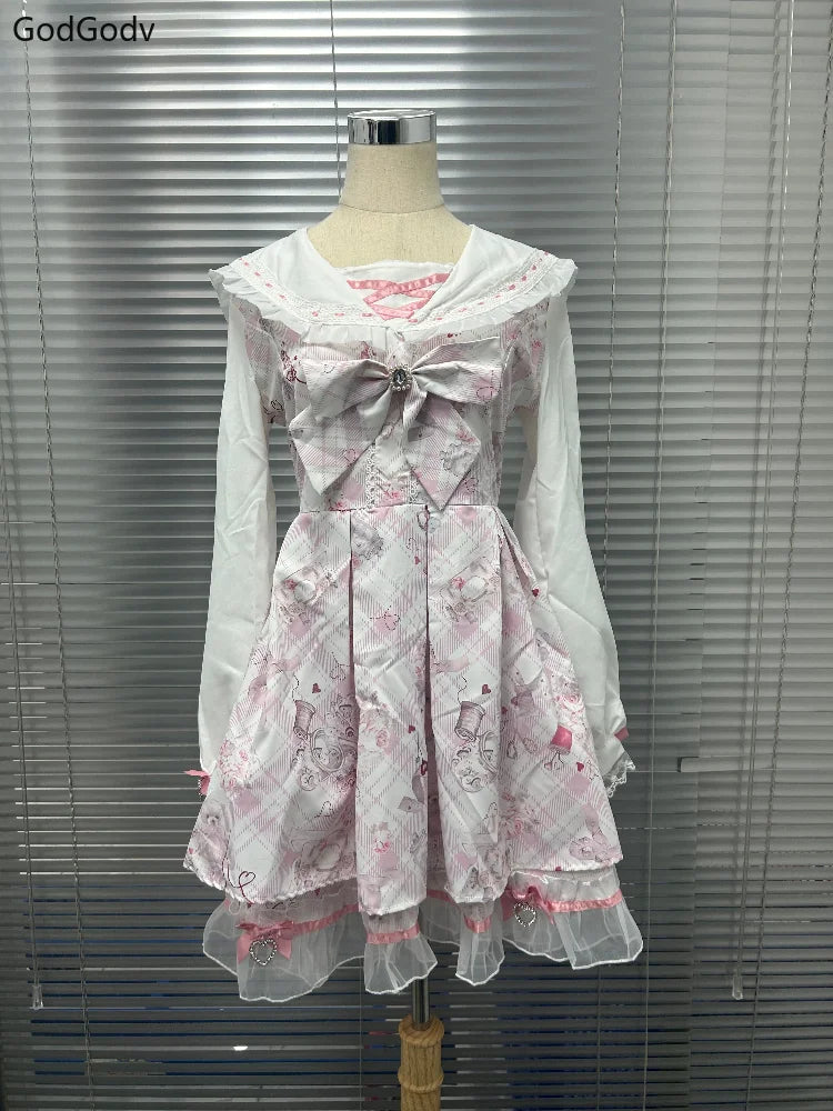 Sukienka Kawaii Lolita z Kokardą i Nadrukiem – Japoński Styl Fake Two Piece