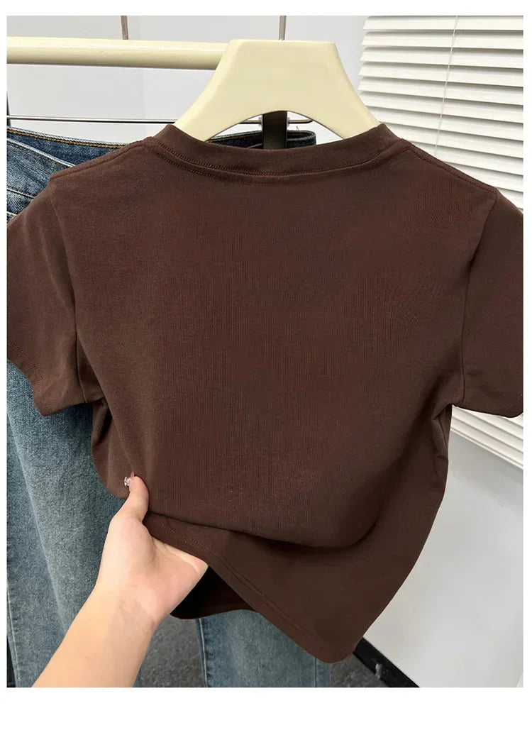 2026 Summer New High Quality Casual T Shirt Sexy Short Sleeved Sleeves Fashion Trend Solid Women Clothing Y2k Tops