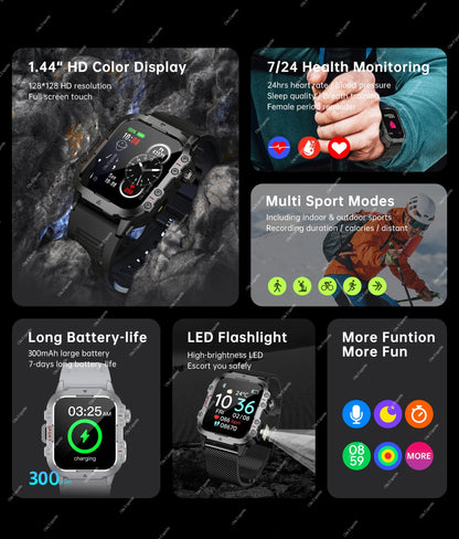 Militarny Smartwatch Męski z Latarką LED i Ekranem 2,01" HD | Bluetooth, Tętno, SpO2