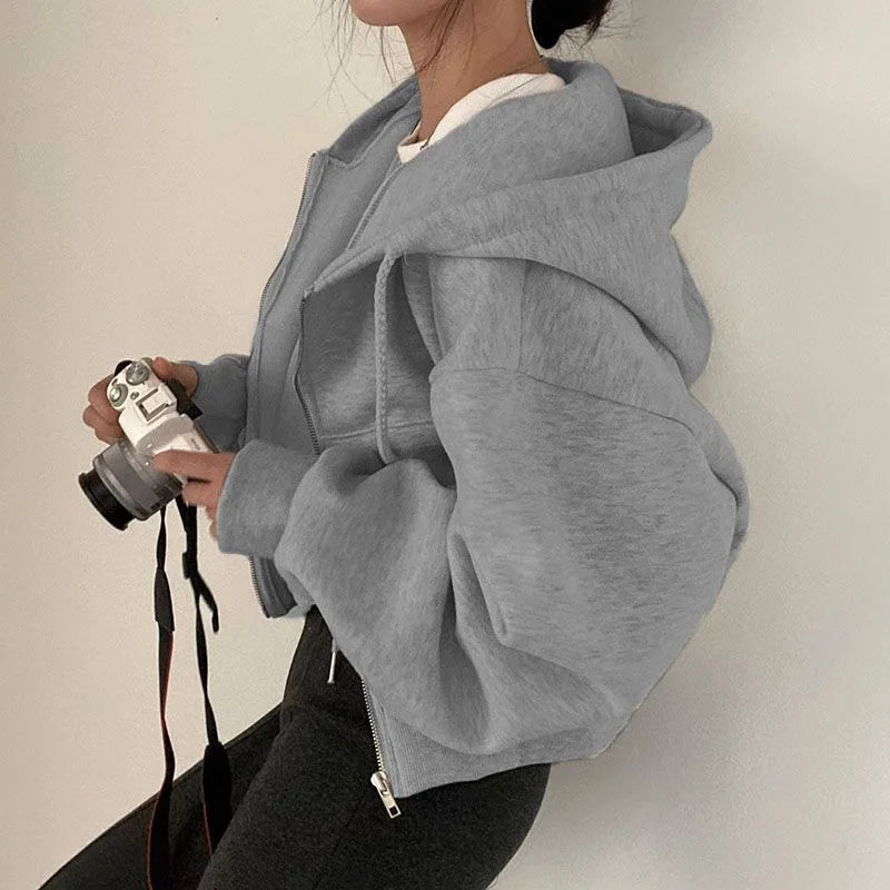 Bluza Damska Crop Top z Kapturem i Zamkiem Y2K – Streetwear Harajuku