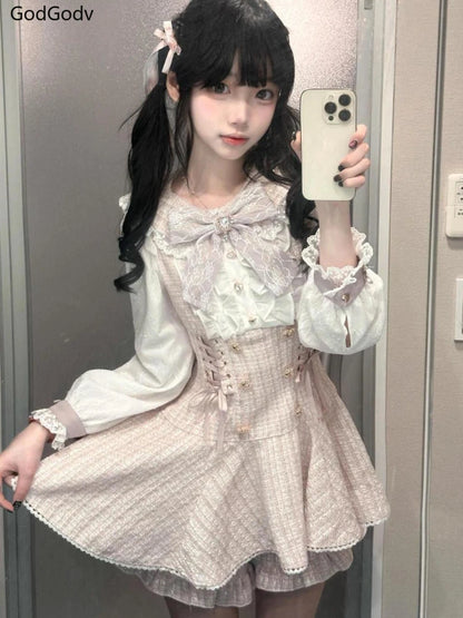 Sukienka Kawaii Lolita z Kokardą i Nadrukiem – Japoński Styl Fake Two Piece