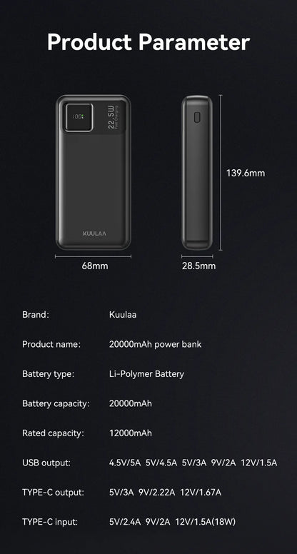 Power Bank 20000mAh 22.5W szybkie ładowanie iPhone Xiaomi