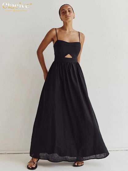 Czarna Bawełniana Sukienka Maxi na Ramiączkach z Wycięciami – Luźna Elegancka