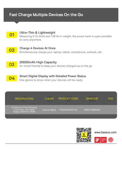 Baseus Power Bank 20000mAh 100W - szybkie ładowanie PD
