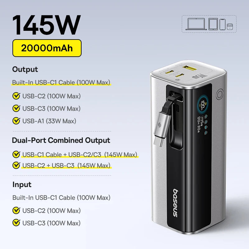 Baseus 145W Power Bank 20800mAh USB-C Szybkie Ładowanie