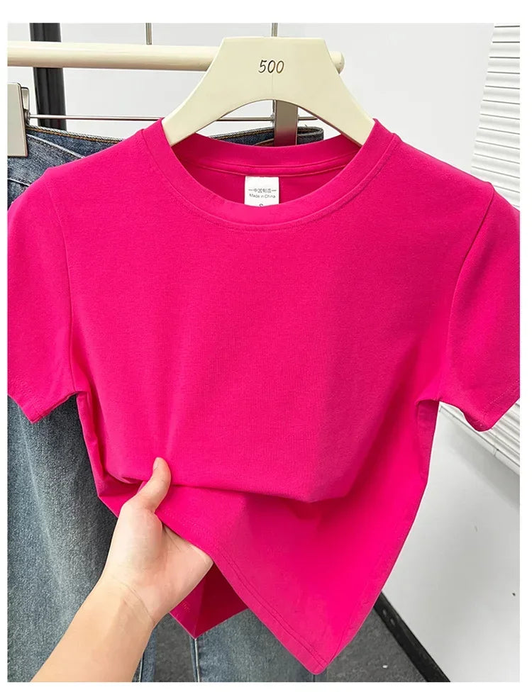 2026 Summer New High Quality Casual T Shirt Sexy Short Sleeved Sleeves Fashion Trend Solid Women Clothing Y2k Tops