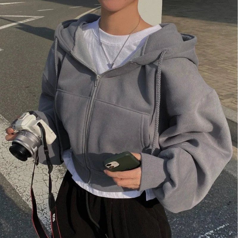 Bluza Damska Crop Top z Kapturem i Zamkiem Y2K – Streetwear Harajuku
