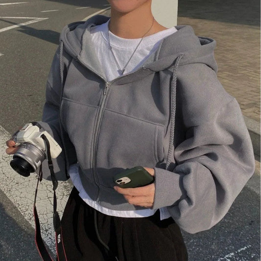 Bluza Damska Crop Top z Kapturem i Zamkiem Y2K – Streetwear Harajuku