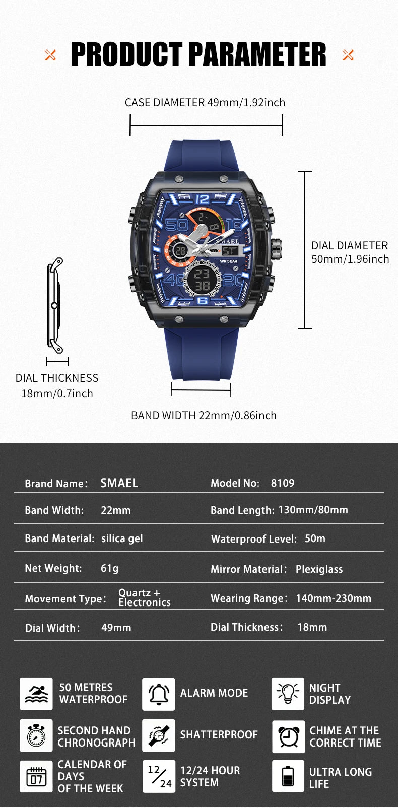 Smartwatch SMAEL 8109 – Dual Display, LED, Wodoszczelny 5ATM, Stoper i Alarm