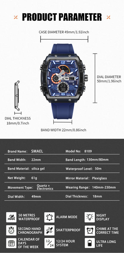Smartwatch SMAEL 8109 – Dual Display, LED, Wodoszczelny 5ATM, Stoper i Alarm