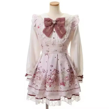 Sukienka Kawaii Lolita z Kokardą i Nadrukiem – Japoński Styl Fake Two Piece
