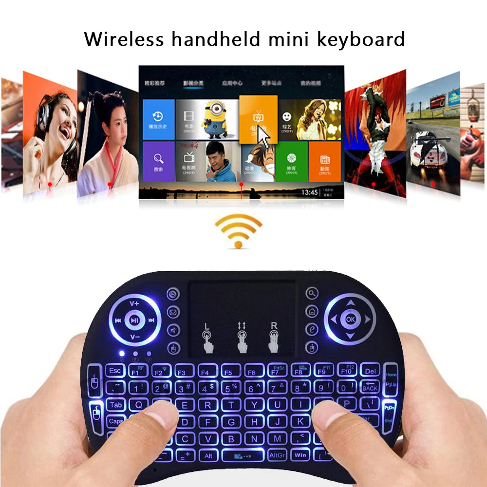 Mini klawiatura bezprzewodowa i8 z touchpadem i podświetleniem RGB – 2.4G, układ RU/EN/FR/ES/AR