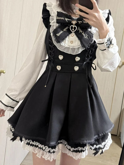Sukienka Kawaii Lolita z Kokardą i Nadrukiem – Japoński Styl Fake Two Piece