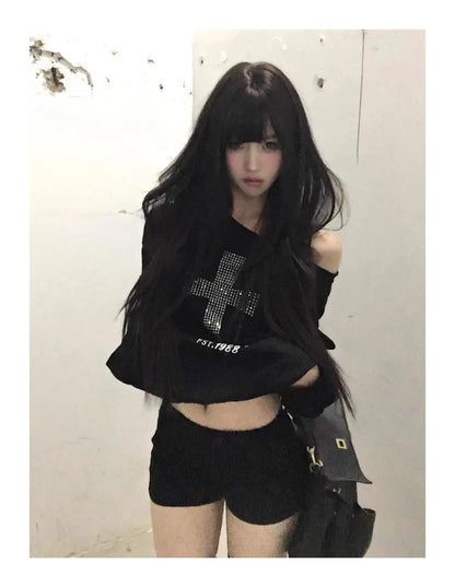 Czarna Bluza z Nadrukiem na Jedno Ramię – Y2K Grunge Harajuku 2000s