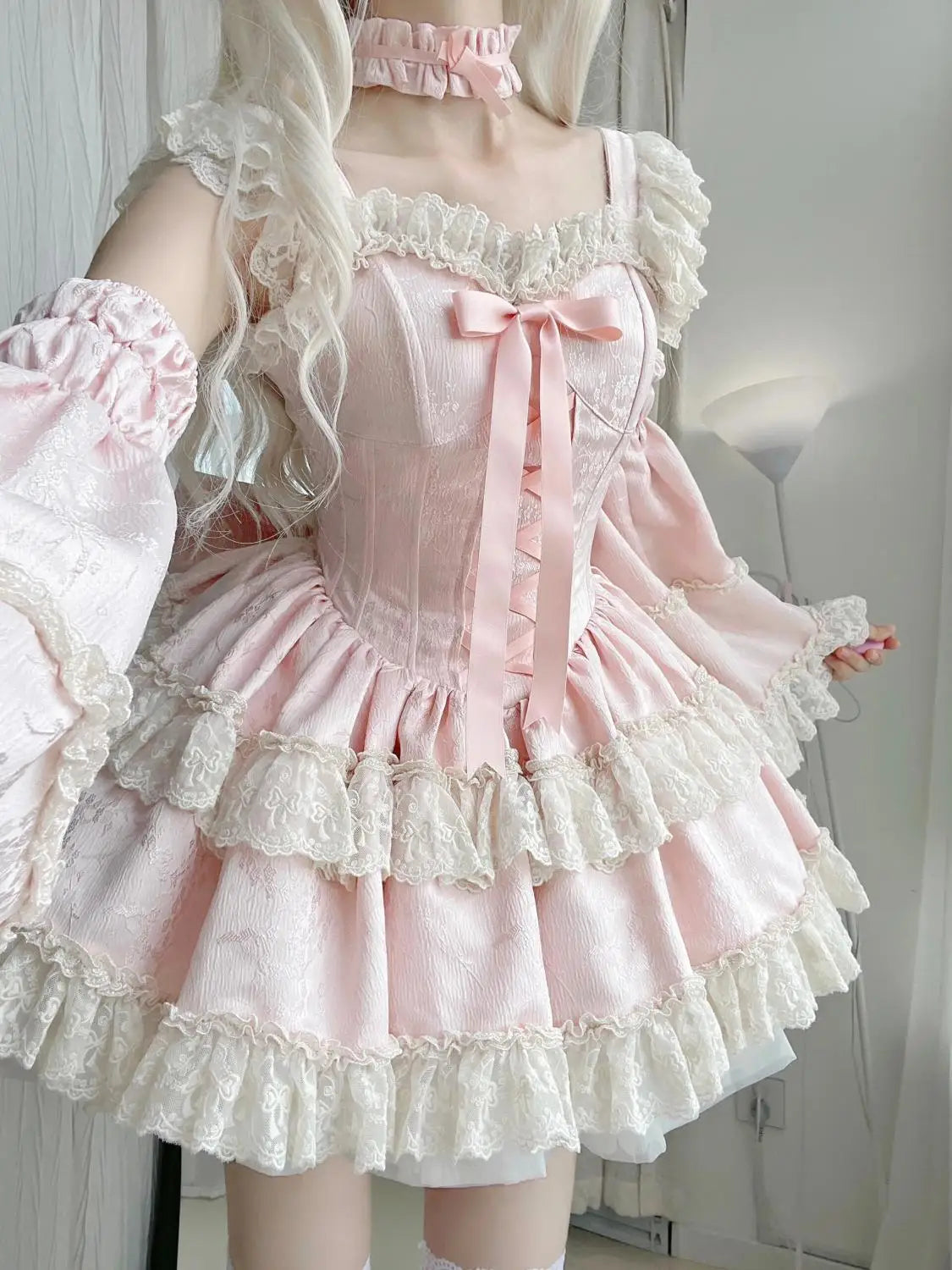 Sukienka Kawaii Lolita z Kokardą i Nadrukiem – Japoński Styl Fake Two Piece