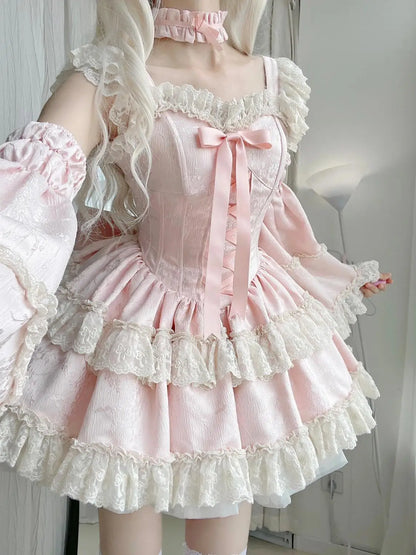 Sukienka Kawaii Lolita z Kokardą i Nadrukiem – Japoński Styl Fake Two Piece