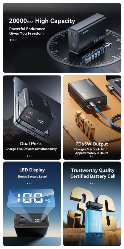 Power Bank 20000mAh PD 65W Szybkie Ładowanie iPhone