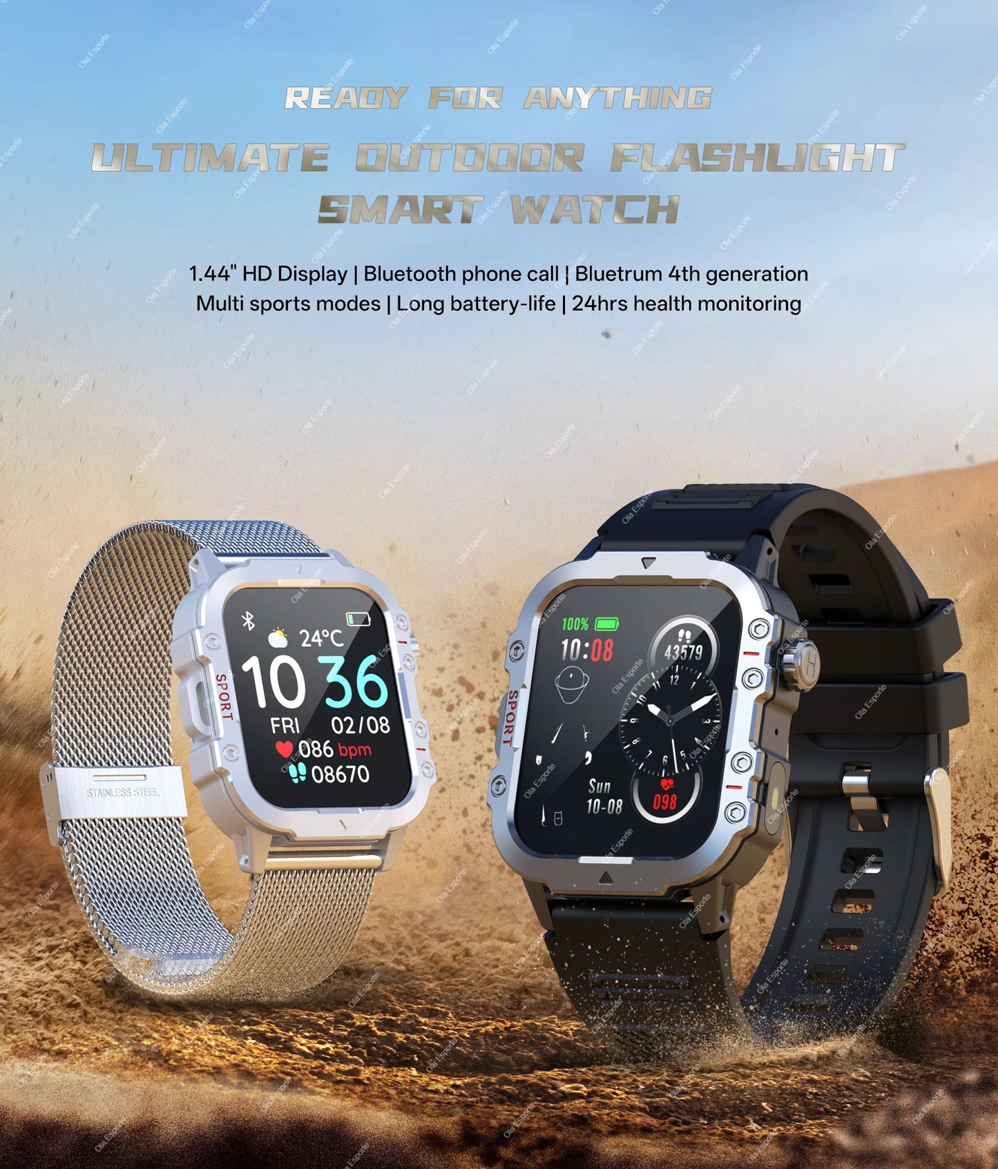 Militarny Smartwatch Męski z Latarką LED i Ekranem 2,01" HD | Bluetooth, Tętno, SpO2