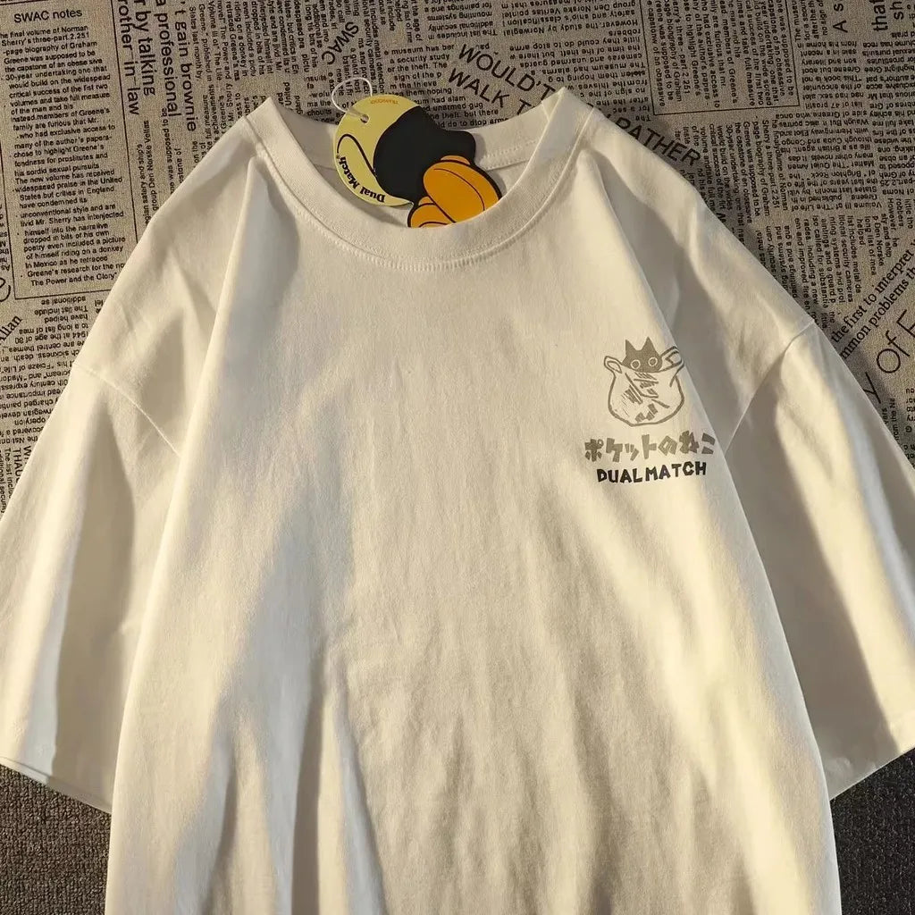 T-shirt z kotem retro japoński oversized unisex koszulka