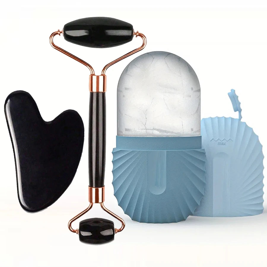 Lodowy roller do twarzy z Gua Sha – zestaw 1/2/3 szt. | masaż, lifting i konturowanie