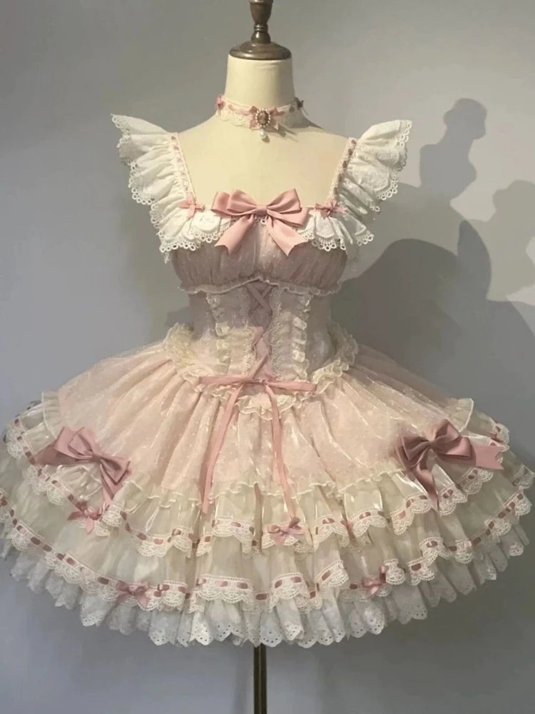 Sukienka Kawaii Lolita z Kokardą i Nadrukiem – Japoński Styl Fake Two Piece