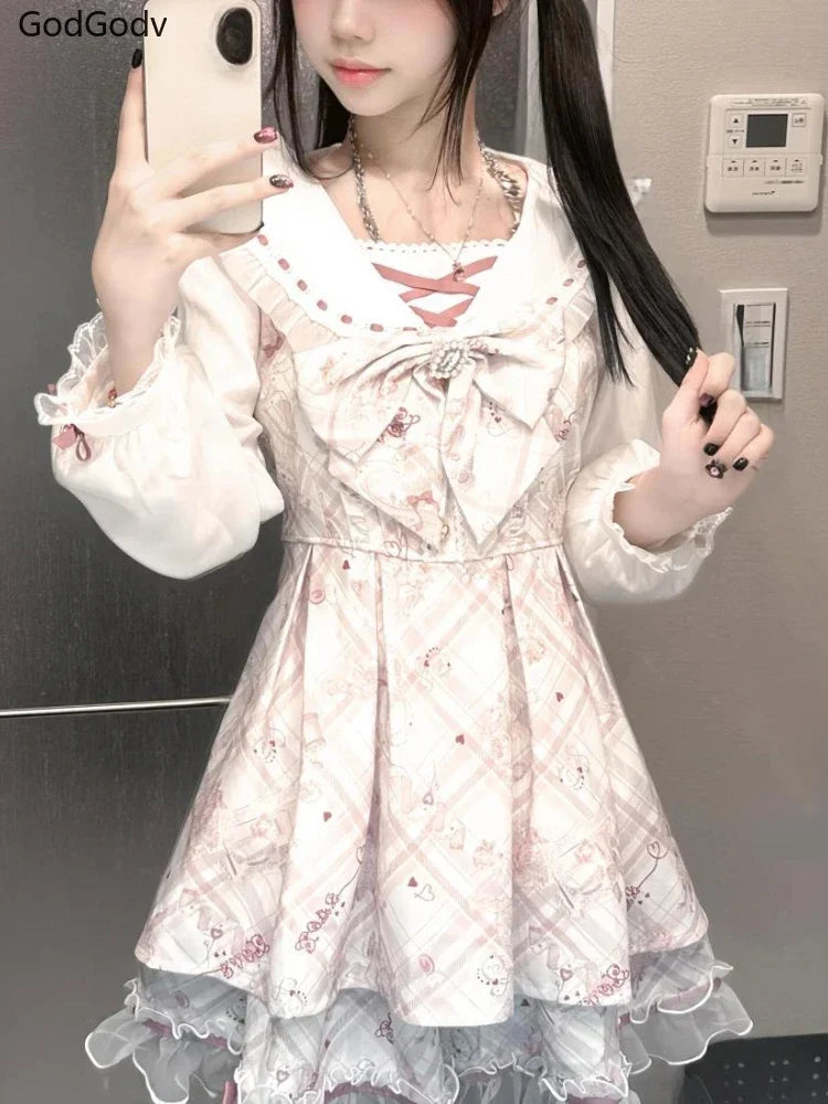Sukienka Kawaii Lolita z Kokardą i Nadrukiem – Japoński Styl Fake Two Piece