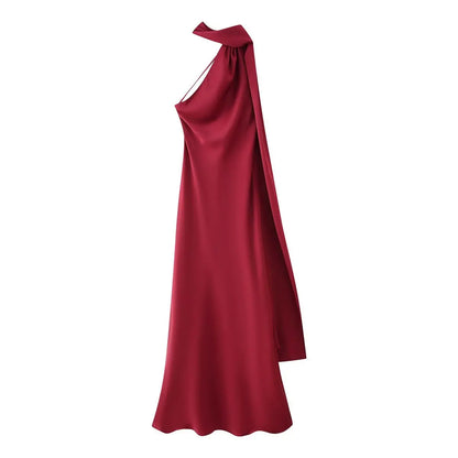 Satynowa Sukienka Halter Maxi z Odkrytymi Plecami – Wesele Studniówka Lato