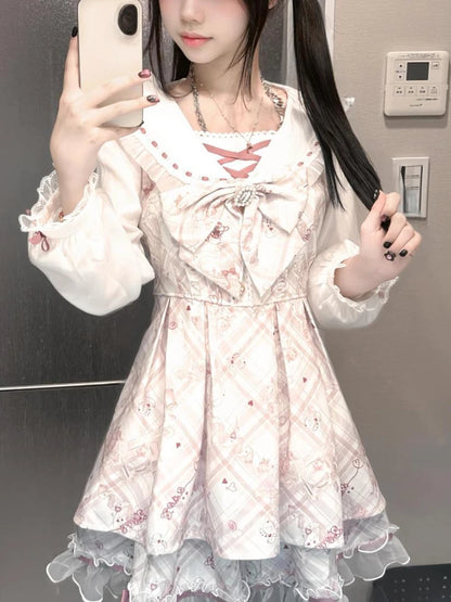 Sukienka Kawaii Lolita z Kokardą i Nadrukiem – Japoński Styl Fake Two Piece