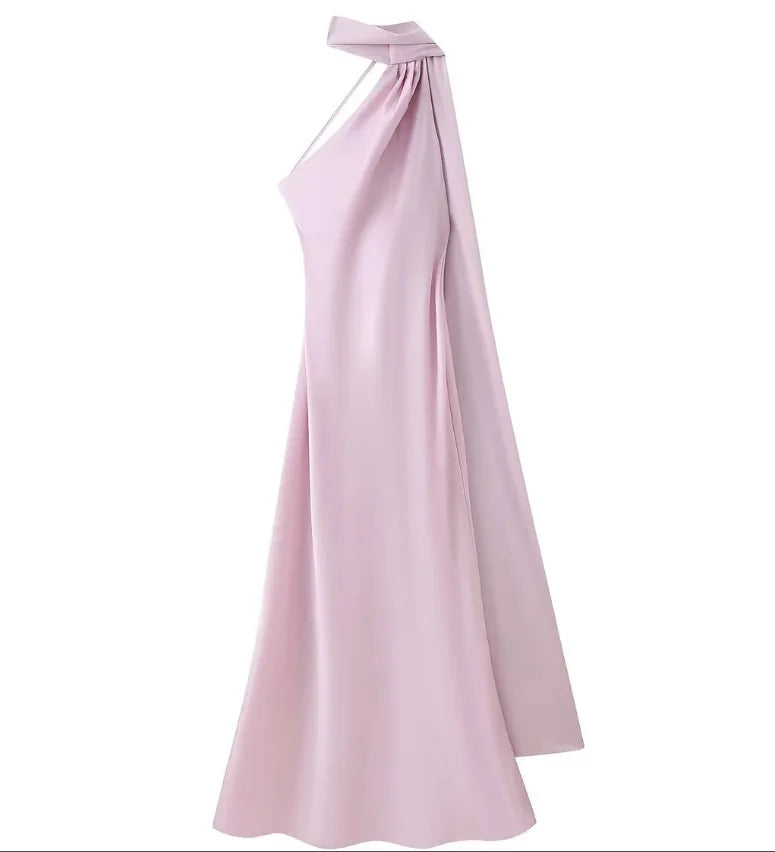 Satynowa Sukienka Halter Maxi z Odkrytymi Plecami – Wesele Studniówka Lato