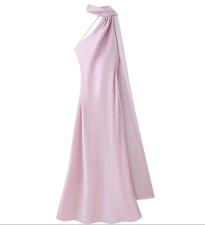 Satynowa Sukienka Halter Maxi z Odkrytymi Plecami – Wesele Studniówka Lato