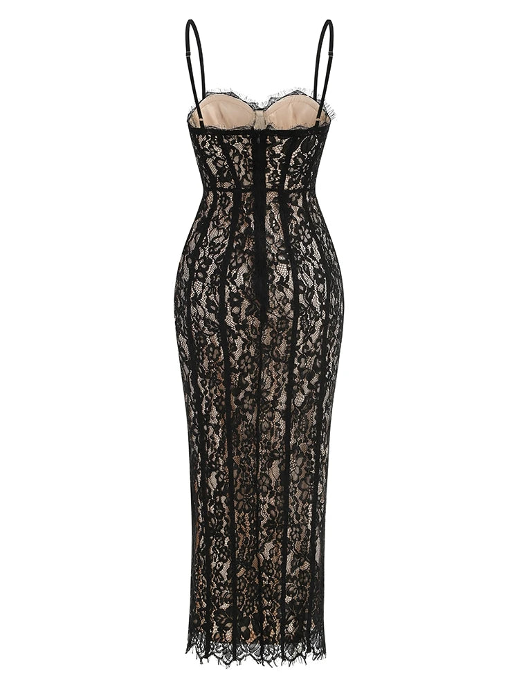 Czarna Koronkowa Sukienka Maxi Bodycon V-neck – Wieczorowa na Imprezę i Randkę