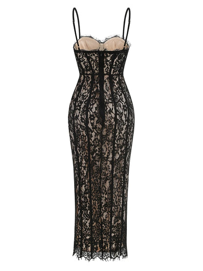 Czarna Koronkowa Sukienka Maxi Bodycon V-neck – Wieczorowa na Imprezę i Randkę